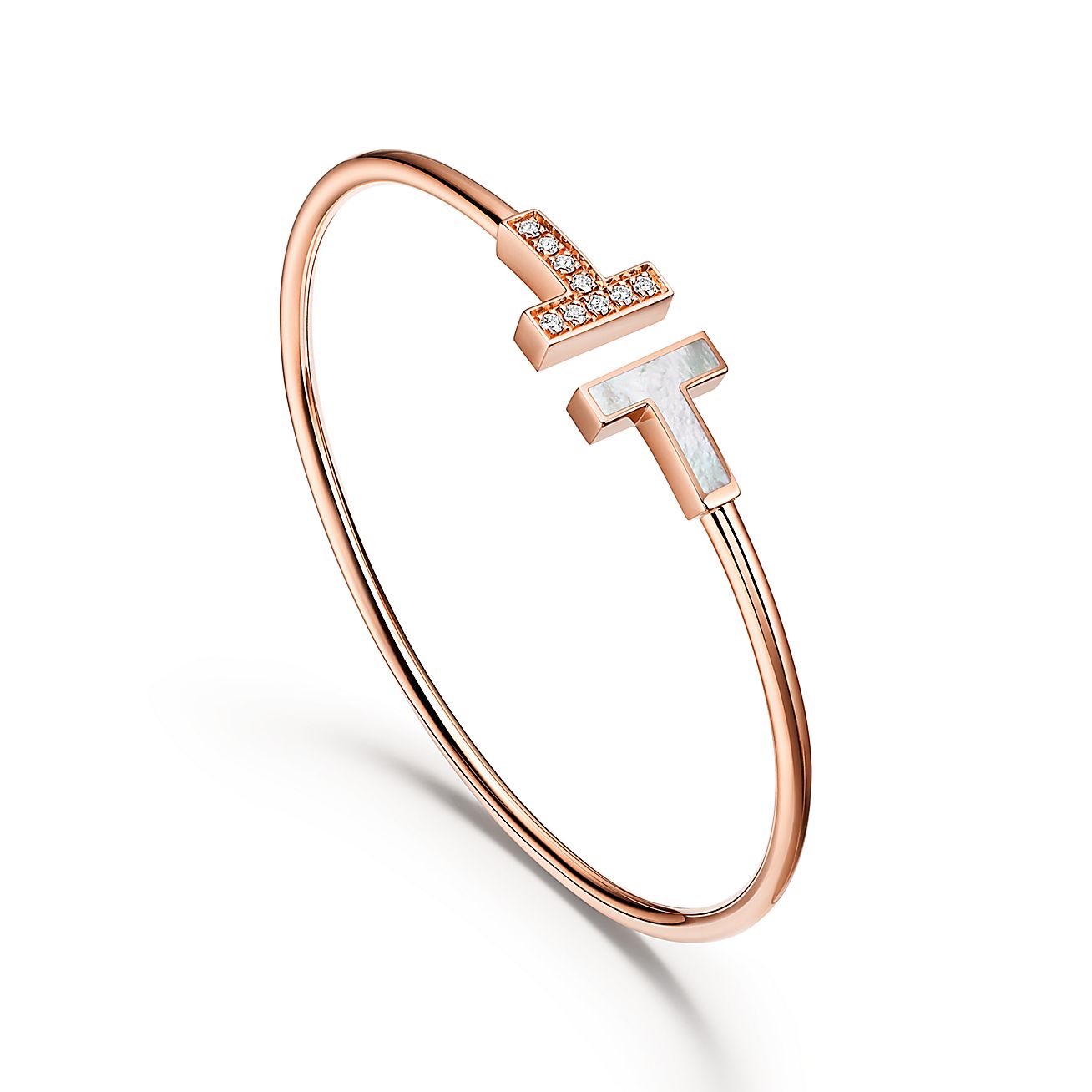 Tiffany & Co. T Wire Bracelet in Rose Gold with Diamonds and Mother-of-pearl