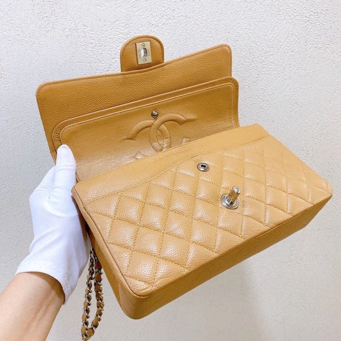 CHANEL Dark Beige Caviar Medium Classic Double Flap Bag