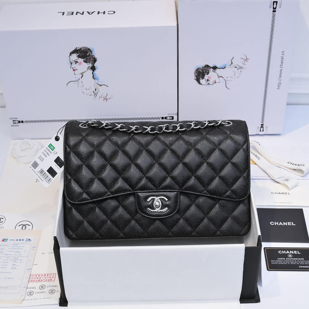 Chanel Large Classic Handbag Grained Calfskin & Silver Metal A58600