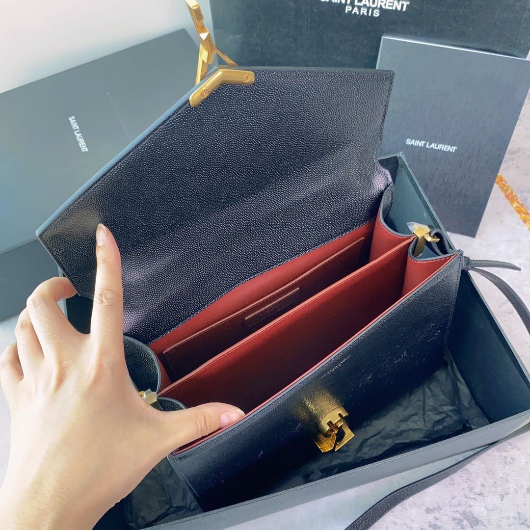 YSL Cassandra Medium Top Handle Bag in Grain Poudre Embossed Leather