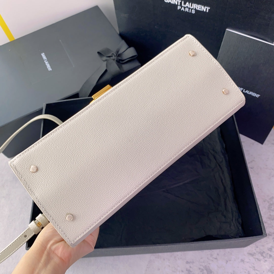 YSL Cassandra Medium Top Handle Bag in Grain Poudre Embossed Leather