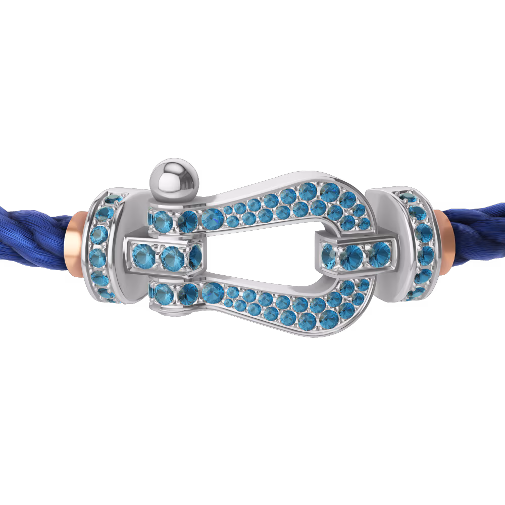 FRED FORCE 10 BRACELET LARGE MODEL Stainless steel and gold plating WHITE GOLD BLUE TOPAZ PAVED