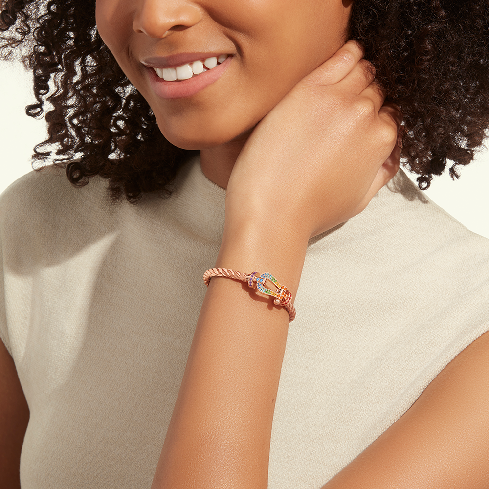 FRED FORCE 10 BRACELET Stainless steel and gold plating PINK GOLD AND COLORED STONES LARGE MODEL