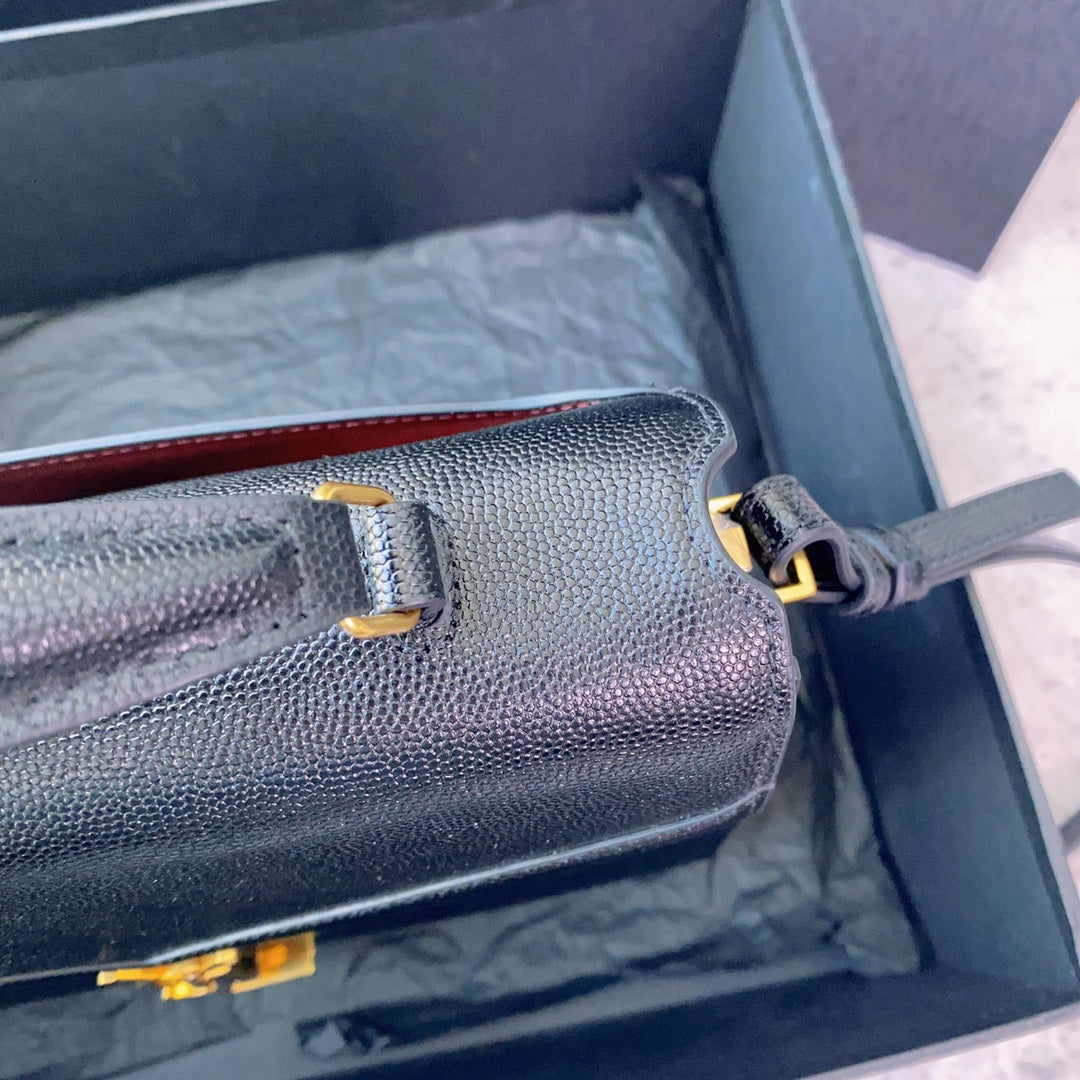 YSL Cassandra Medium Top Handle Bag in Grain Poudre Embossed Leather