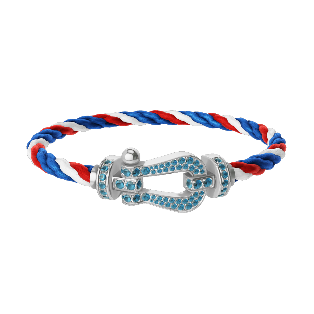 FRED FORCE 10 BRACELET LARGE MODEL Stainless steel and gold plating WHITE GOLD BLUE TOPAZ PAVED