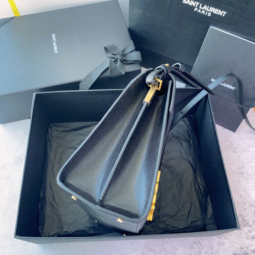 YSL Cassandra Medium Top Handle Bag in Grain Poudre Embossed Leather