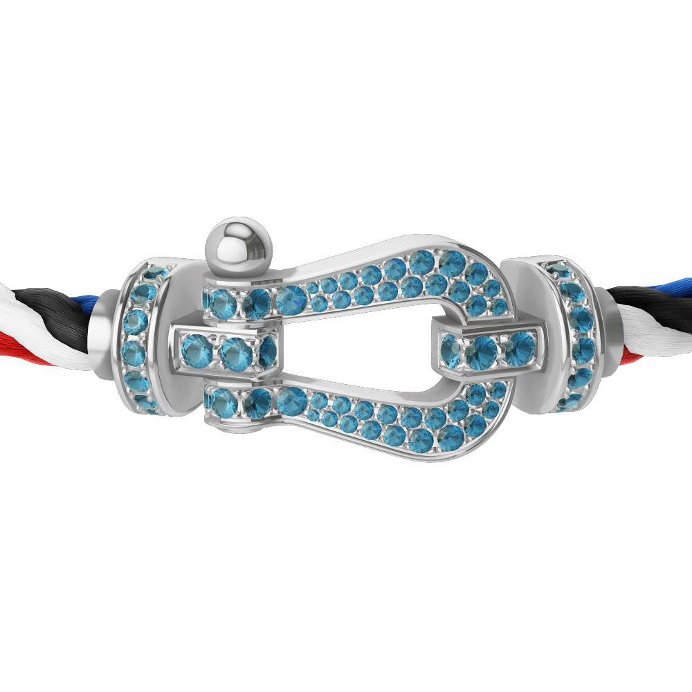 FRED FORCE 10 BRACELET LARGE MODEL Stainless steel and gold plating WHITE GOLD BLUE TOPAZ PAVED