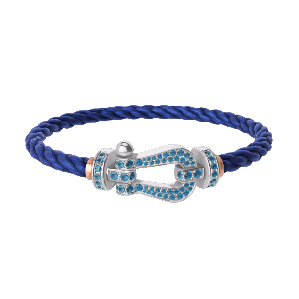 FRED FORCE 10 BRACELET LARGE MODEL Stainless steel and gold plating WHITE GOLD BLUE TOPAZ PAVED