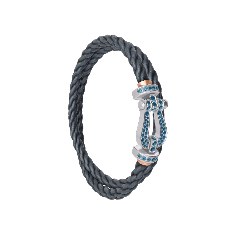 FRED FORCE 10 BRACELET LARGE MODEL Stainless steel and gold plating WHITE GOLD BLUE TOPAZ PAVED