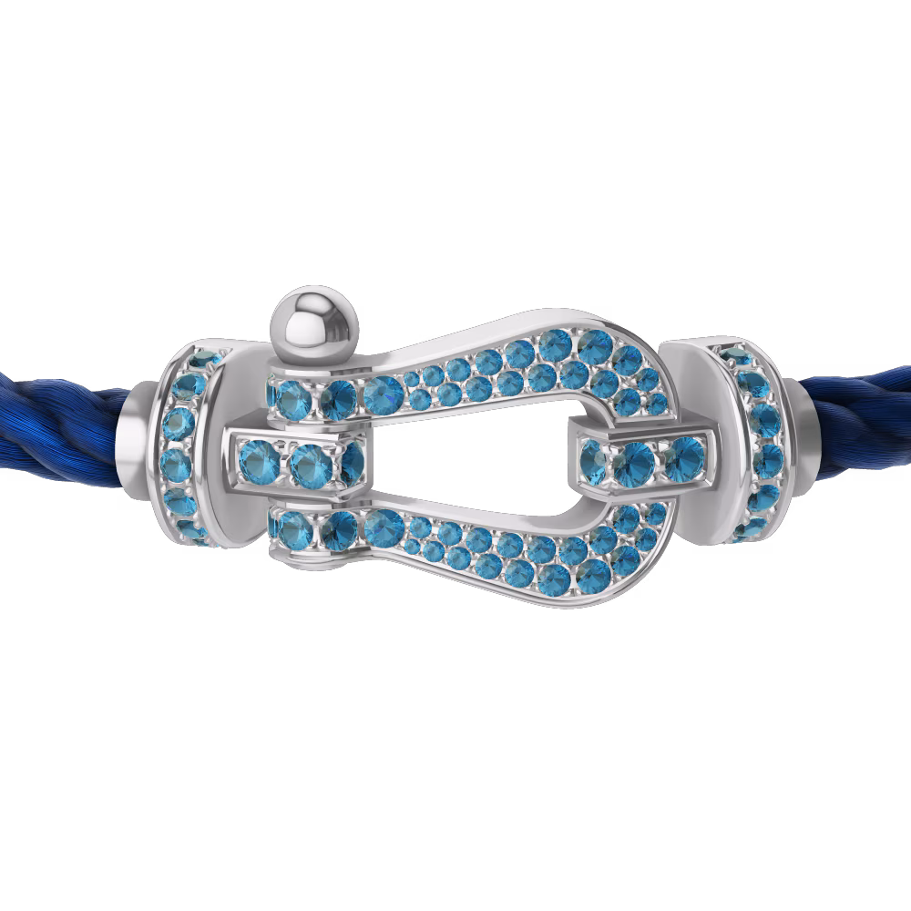 FRED FORCE 10 BRACELET LARGE MODEL Stainless steel and gold plating WHITE GOLD BLUE TOPAZ PAVED