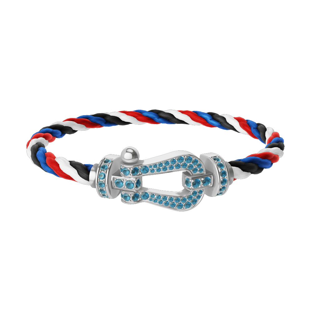 FRED FORCE 10 BRACELET LARGE MODEL Stainless steel and gold plating WHITE GOLD BLUE TOPAZ PAVED