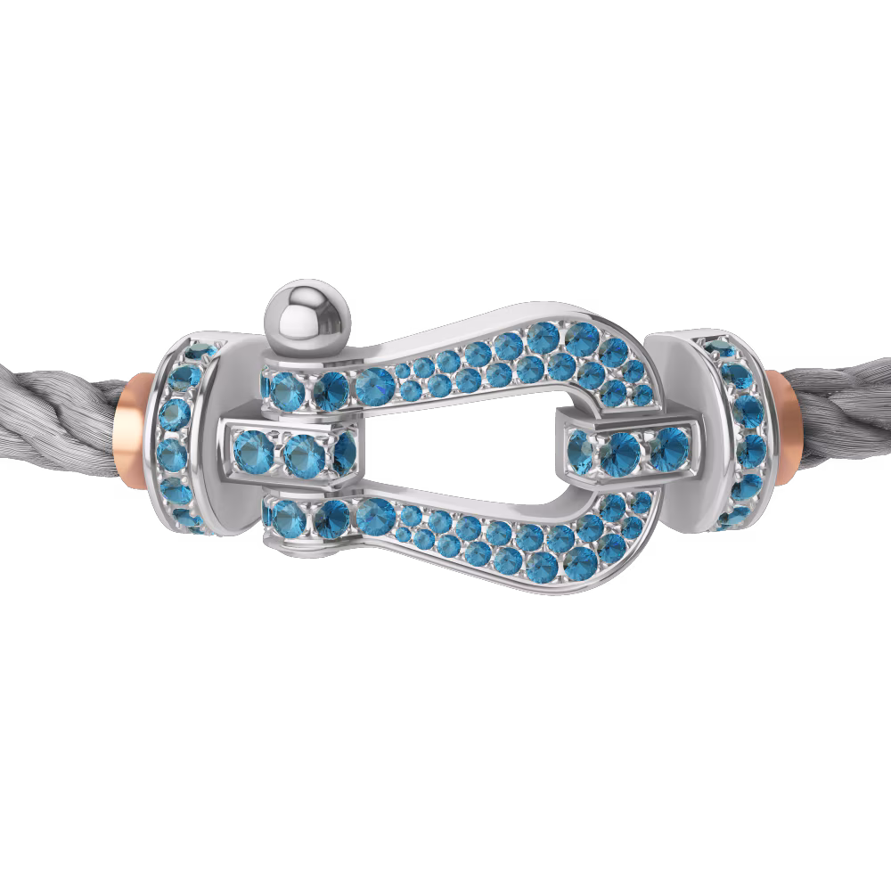 FRED FORCE 10 BRACELET LARGE MODEL Stainless steel and gold plating WHITE GOLD BLUE TOPAZ PAVED