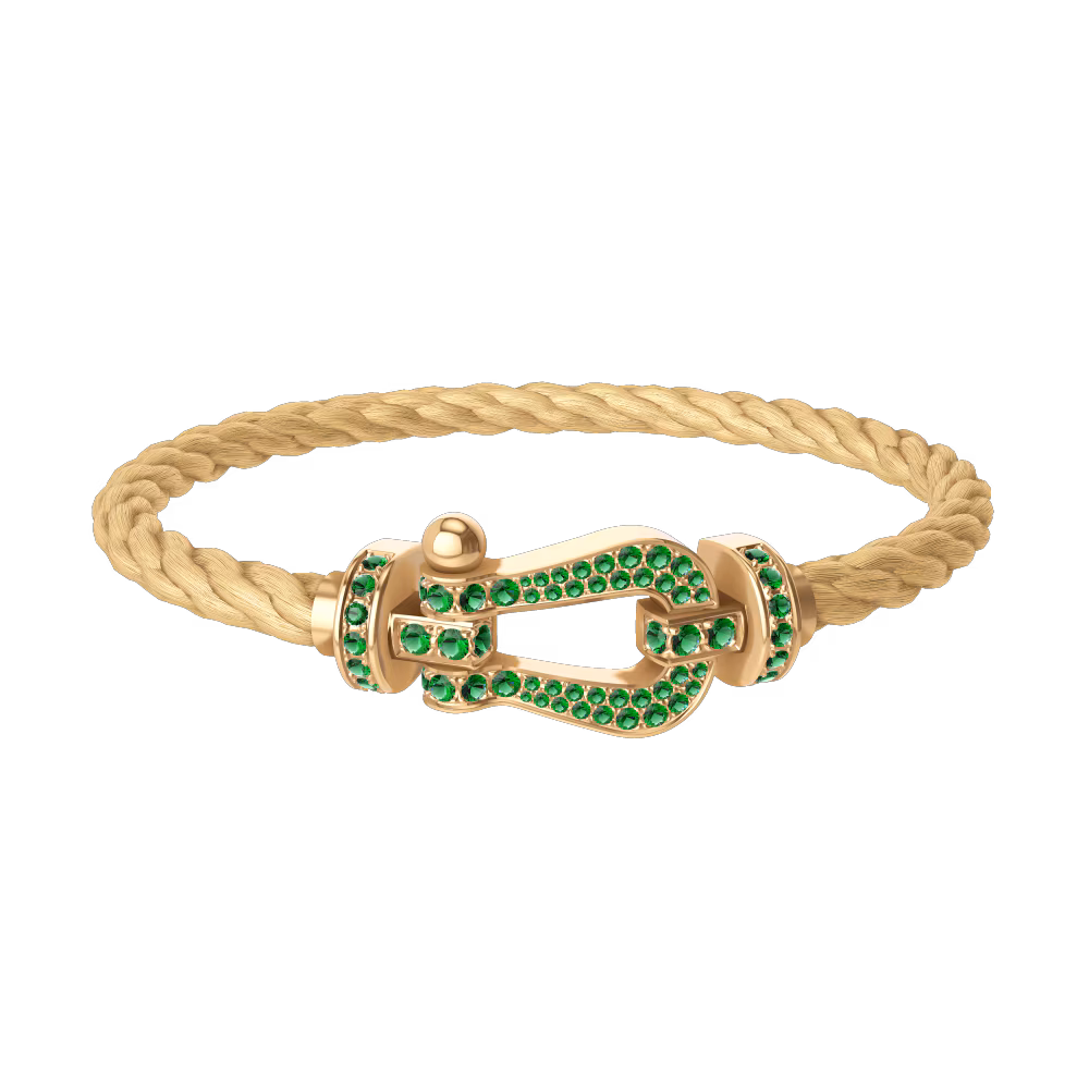 FRED FORCE 10 BRACELET Stainless steel and gold plating YELLOW GOLD AND EMERALDS LARGE MODEL