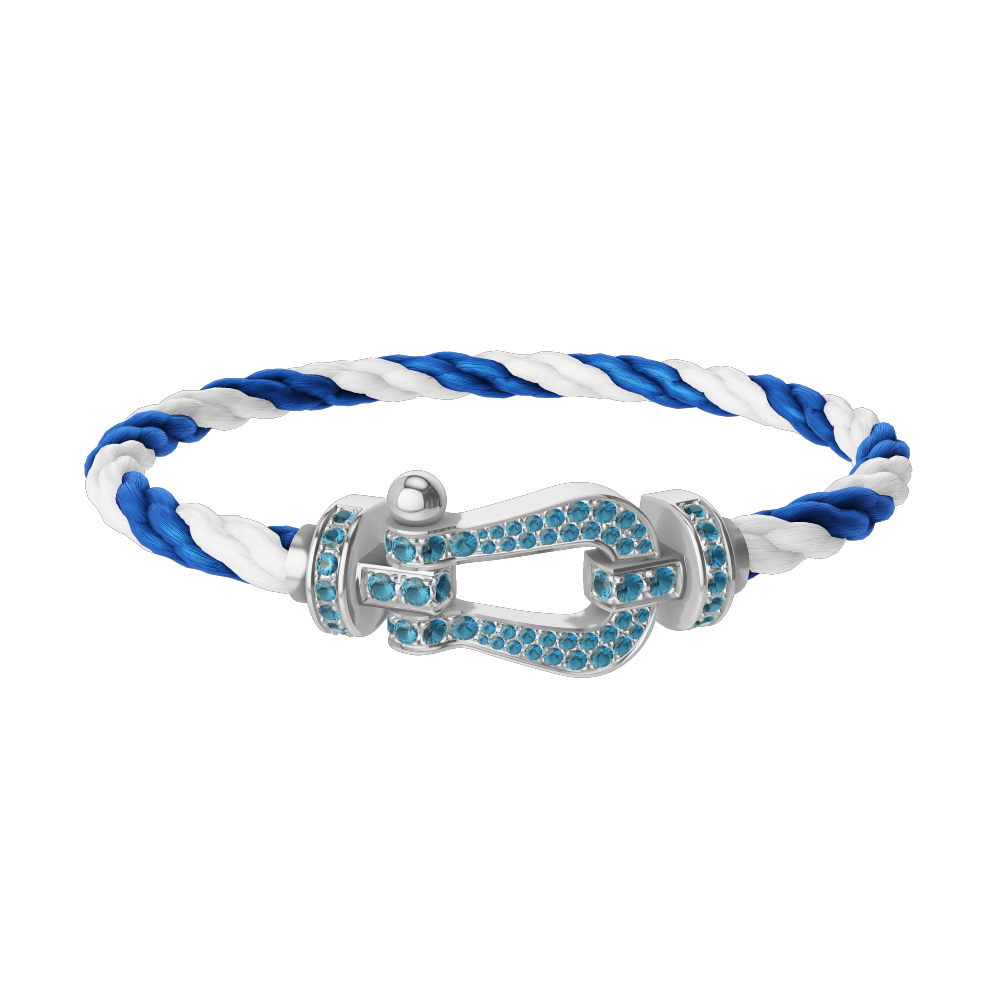 FRED FORCE 10 BRACELET LARGE MODEL Stainless steel and gold plating WHITE GOLD BLUE TOPAZ PAVED