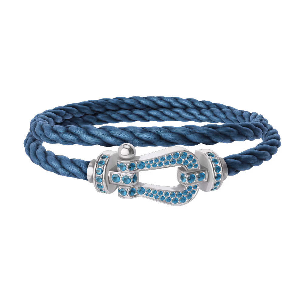 FRED FORCE 10 BRACELET LARGE MODEL Stainless steel and gold plating WHITE GOLD BLUE TOPAZ PAVED