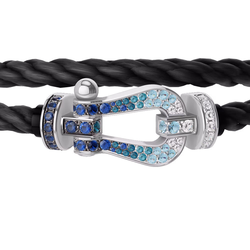 FRED FORCE 10 BRACELET LARGE MODEL Stainless steel and gold plating WHITE GOLD DIAMOND PAVED AND COLORED STONES