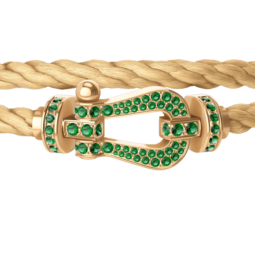 FRED FORCE 10 BRACELET Stainless steel and gold plating YELLOW GOLD AND EMERALDS LARGE MODEL