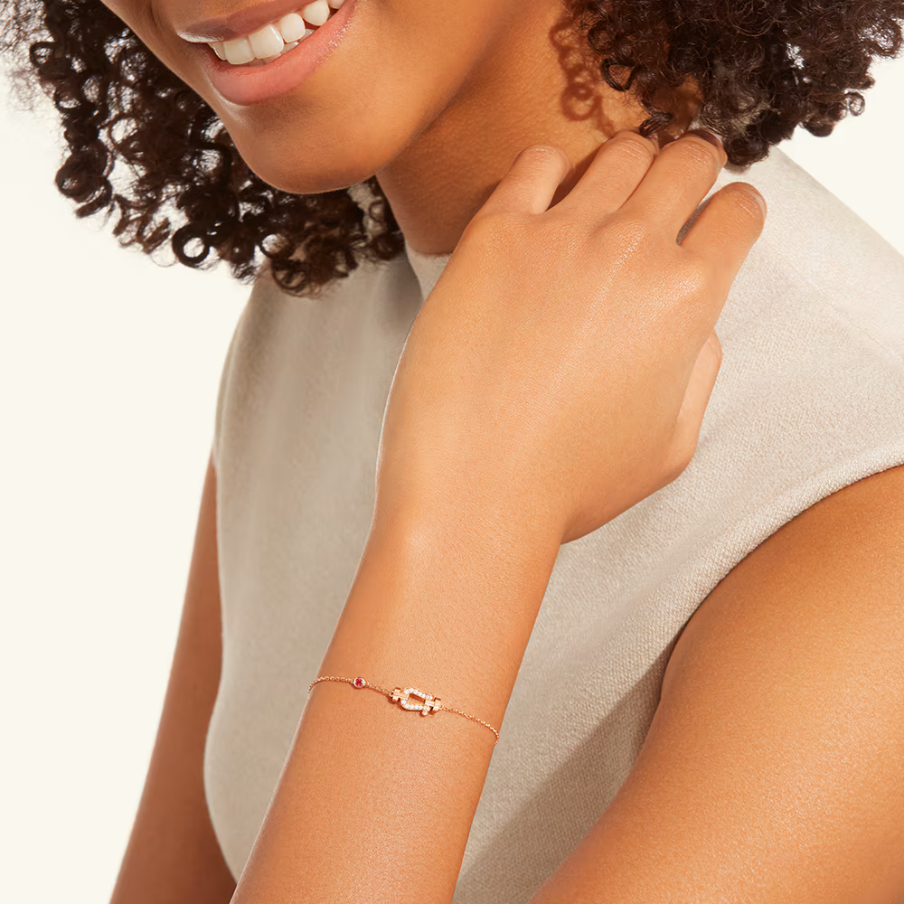 FRED Force 10 bracelet Stainless steel and gold plating pink gold, diamonds, and ruby small model