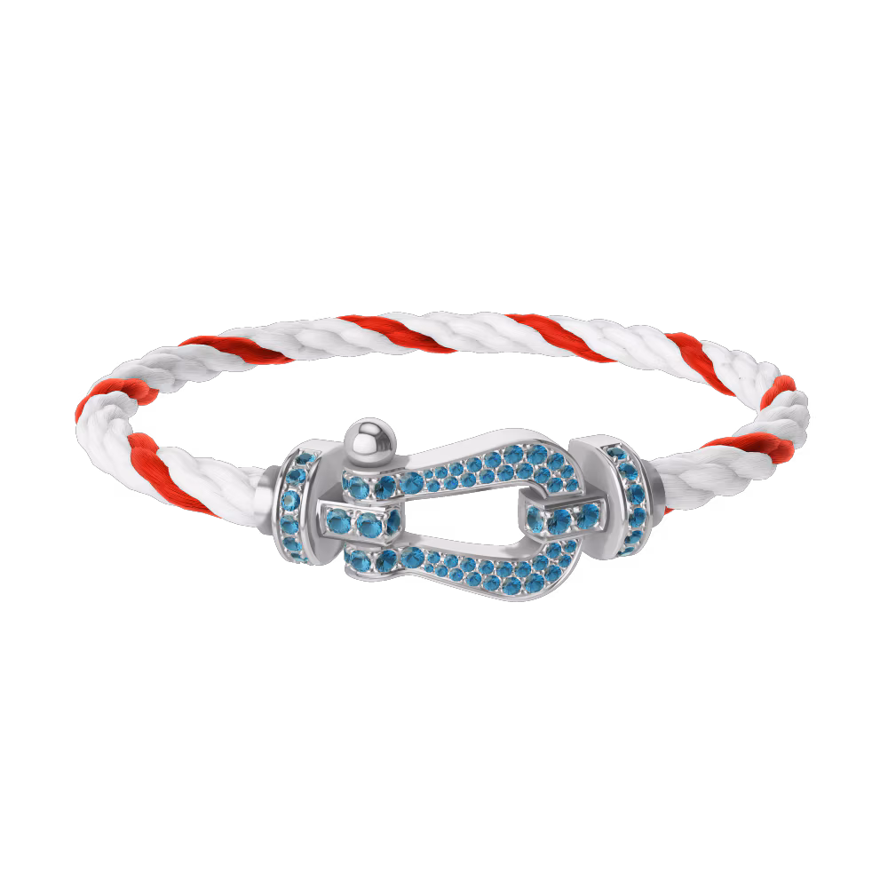 FRED FORCE 10 BRACELET LARGE MODEL Stainless steel and gold plating WHITE GOLD BLUE TOPAZ PAVED