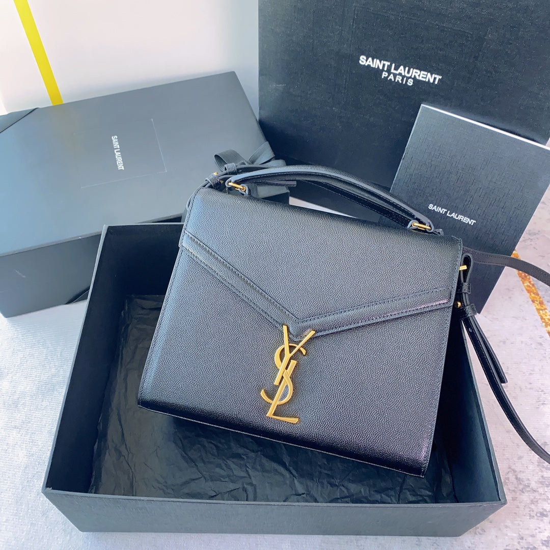 YSL Cassandra Medium Top Handle Bag in Grain Poudre Embossed Leather