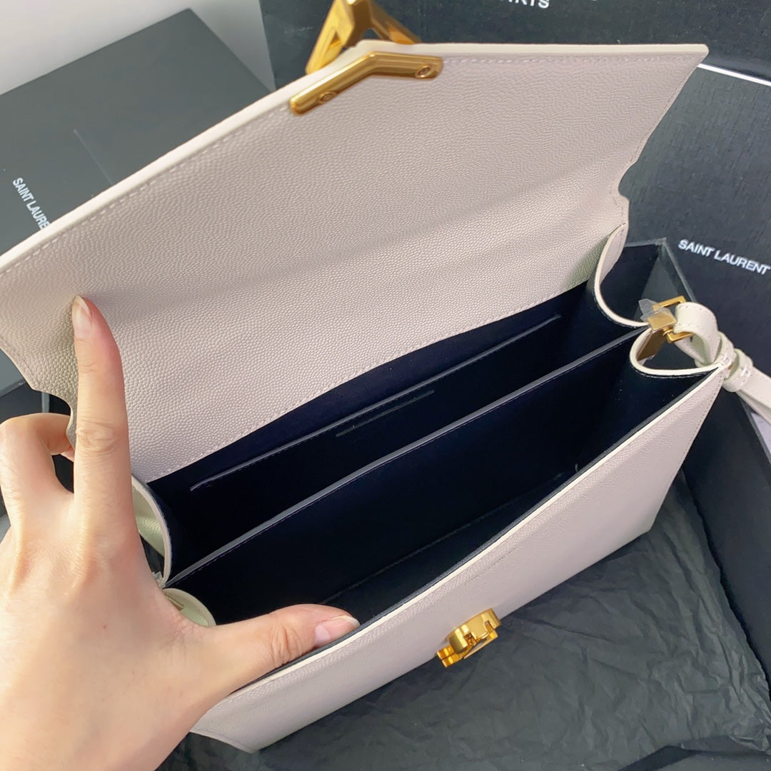 YSL Cassandra Medium Top Handle Bag in Grain Poudre Embossed Leather