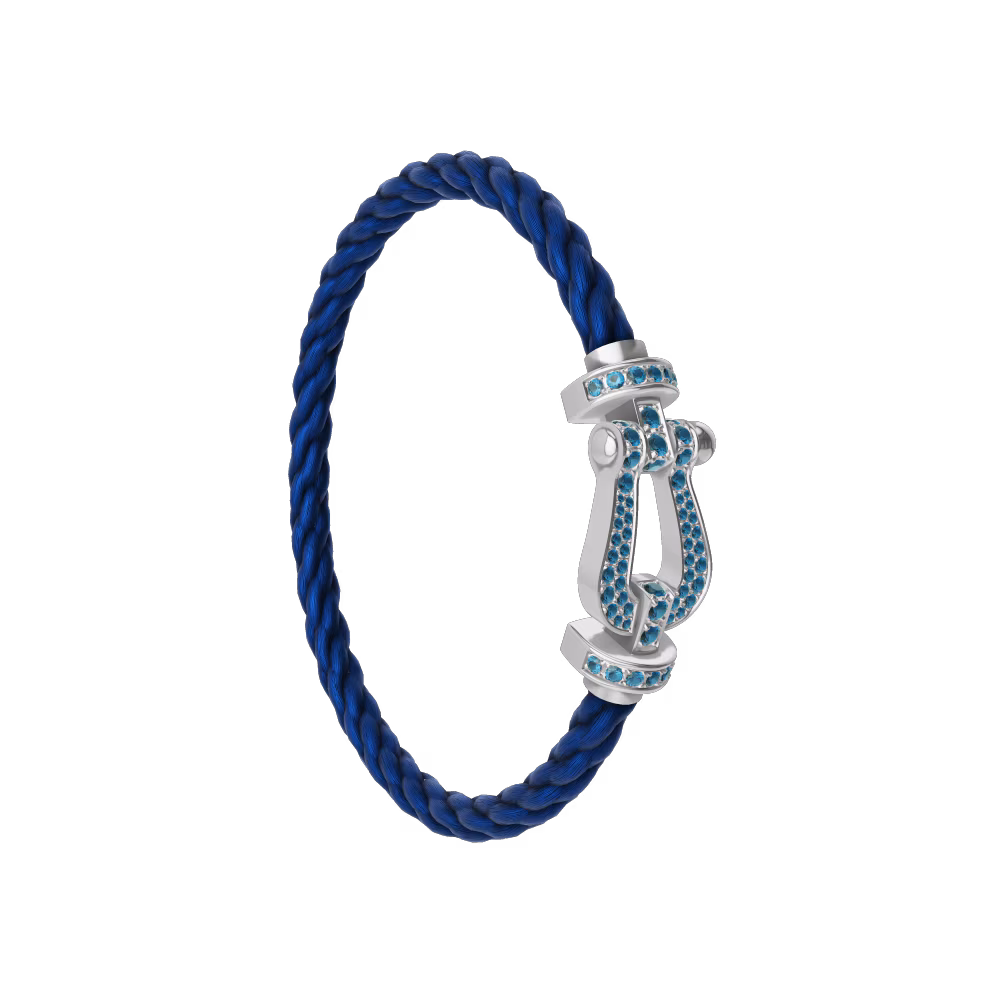 FRED FORCE 10 BRACELET LARGE MODEL Stainless steel and gold plating WHITE GOLD BLUE TOPAZ PAVED