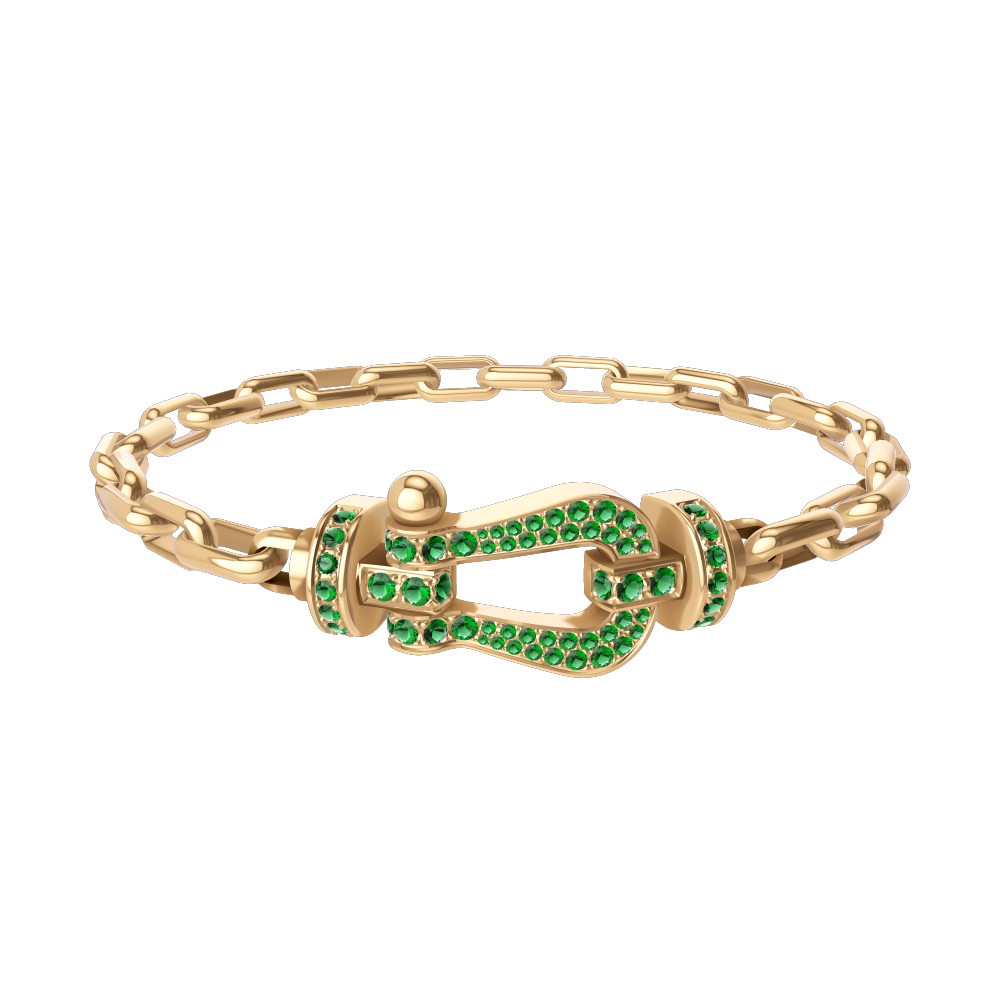 FRED FORCE 10 BRACELET Stainless steel and gold plating YELLOW GOLD AND EMERALDS LARGE MODEL