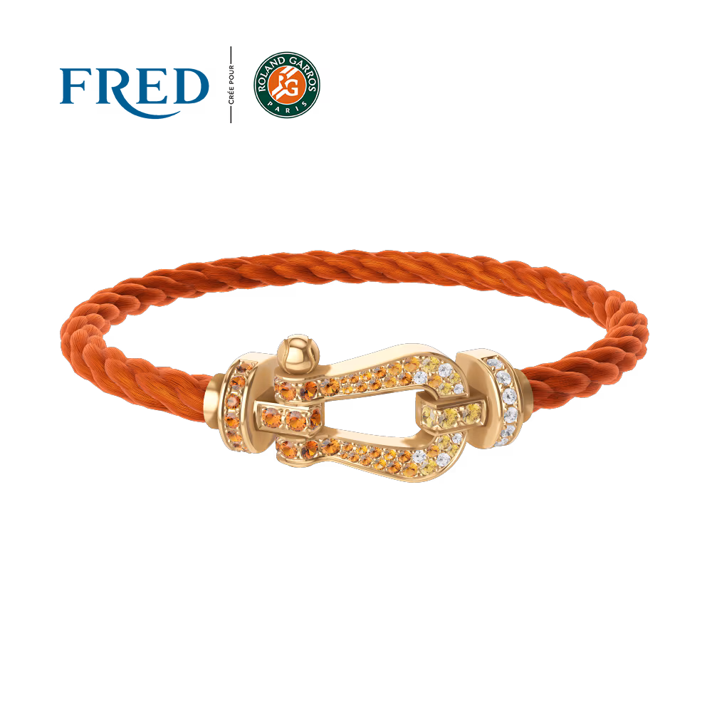 FRED FORCE 10 BRACELET #FREDXROLANDGARROS LARGE MODEL Stainless steel and gold plating YELLOW GOLD DIAMOND PAVED AND COLORED STONES