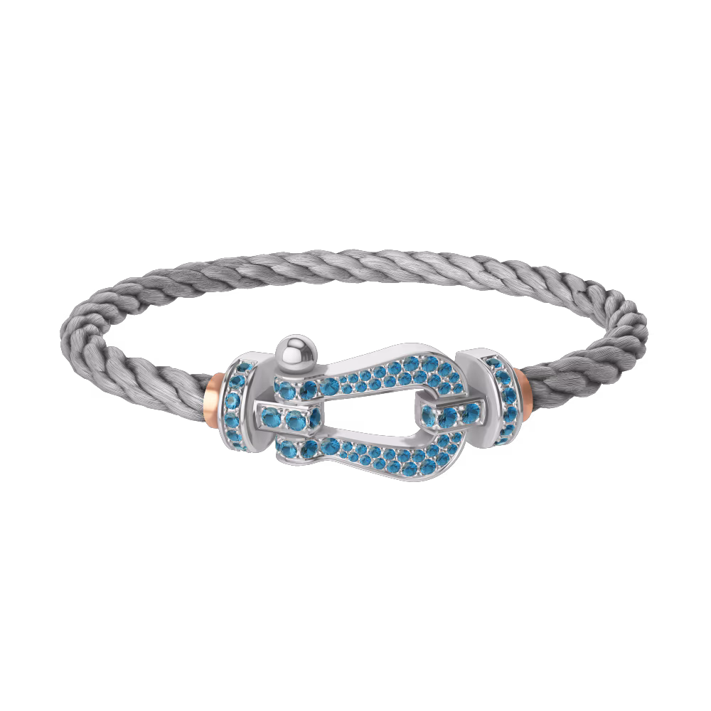 FRED FORCE 10 BRACELET LARGE MODEL Stainless steel and gold plating WHITE GOLD BLUE TOPAZ PAVED