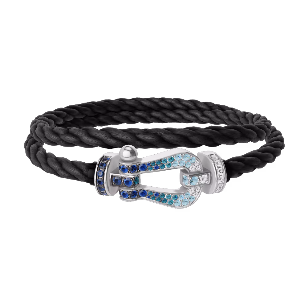 FRED FORCE 10 BRACELET LARGE MODEL Stainless steel and gold plating WHITE GOLD DIAMOND PAVED AND COLORED STONES