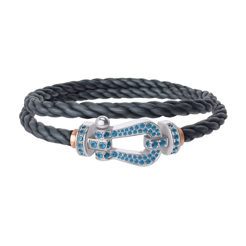 FRED FORCE 10 BRACELET LARGE MODEL Stainless steel and gold plating WHITE GOLD BLUE TOPAZ PAVED