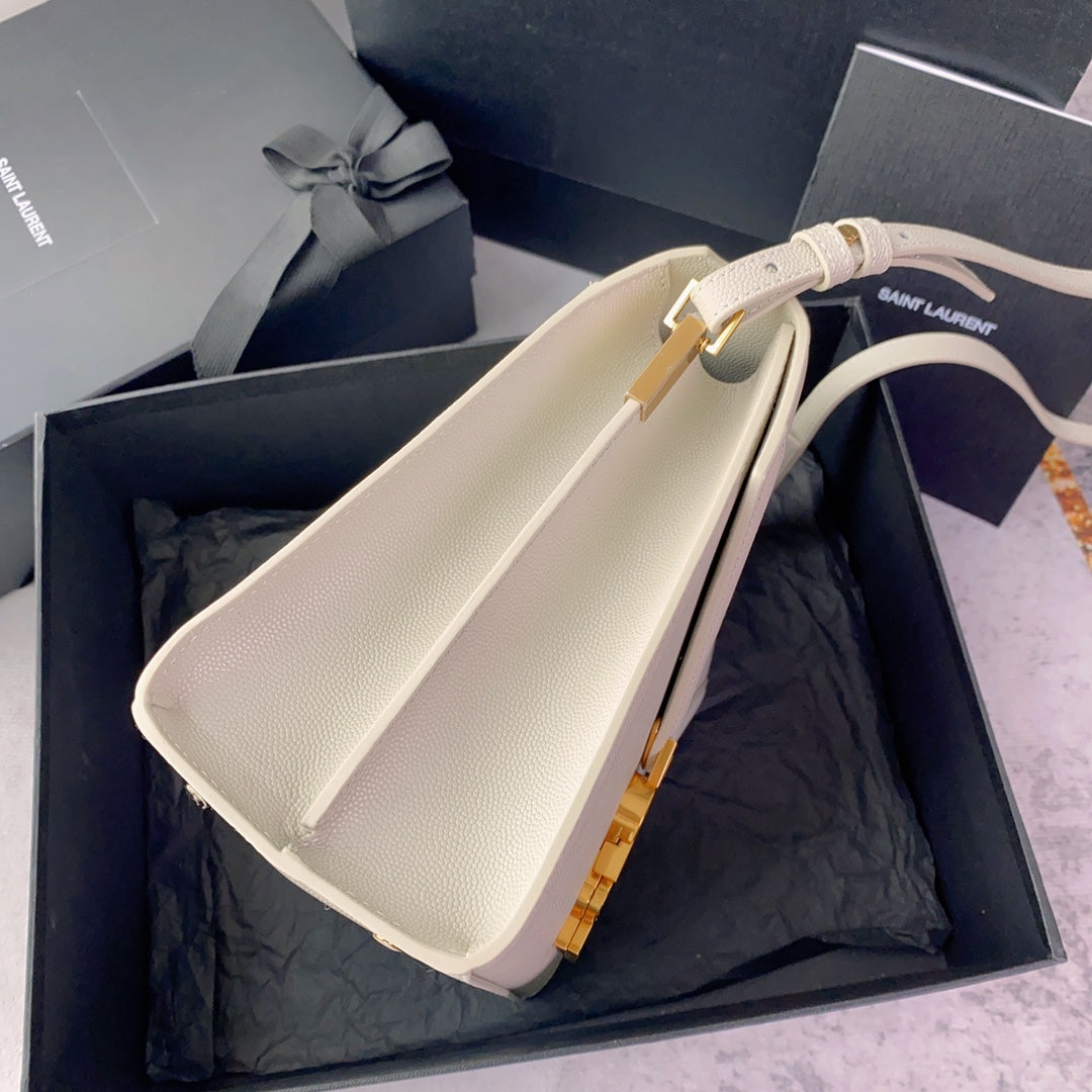 YSL Cassandra Medium Top Handle Bag in Grain Poudre Embossed Leather