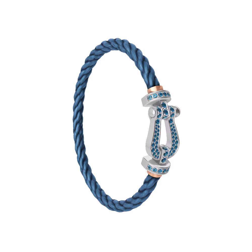 FRED FORCE 10 BRACELET LARGE MODEL Stainless steel and gold plating WHITE GOLD BLUE TOPAZ PAVED