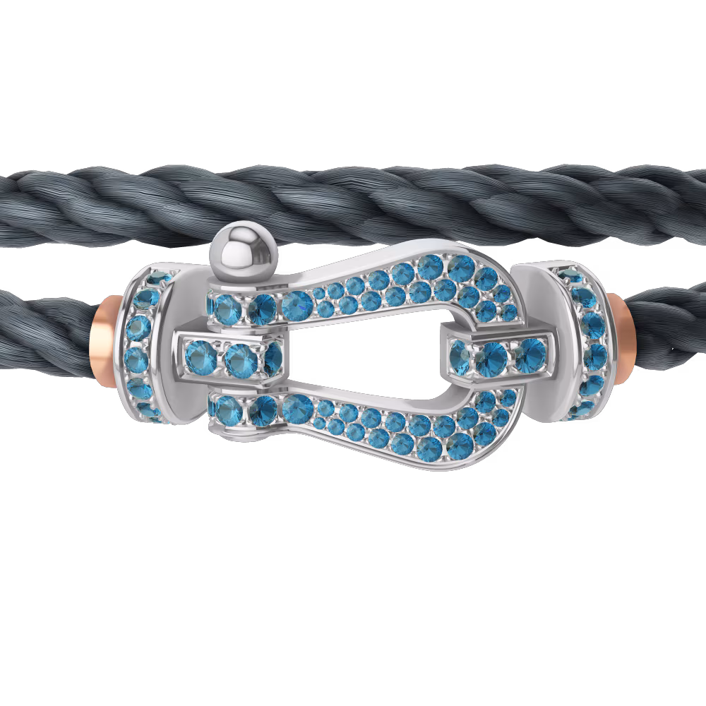 FRED FORCE 10 BRACELET LARGE MODEL Stainless steel and gold plating WHITE GOLD BLUE TOPAZ PAVED
