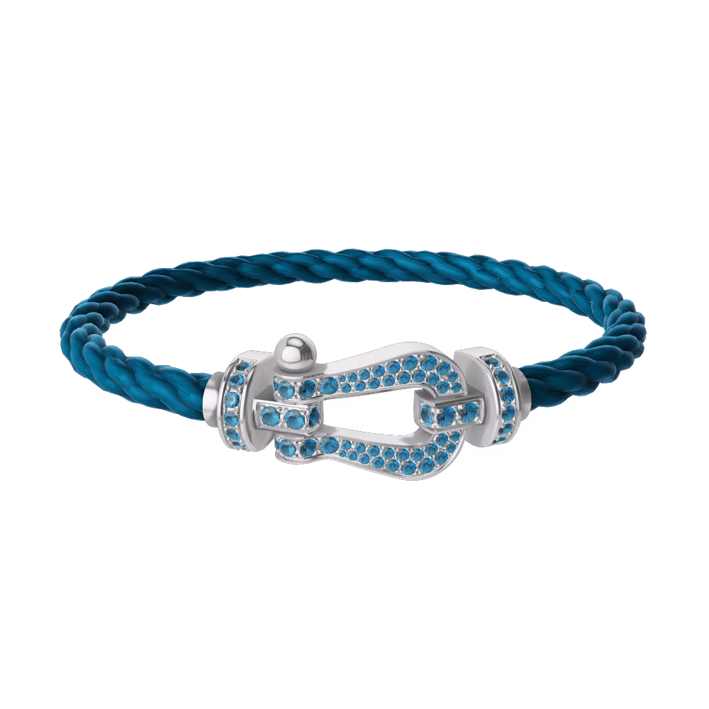 FRED FORCE 10 BRACELET LARGE MODEL Stainless steel and gold plating WHITE GOLD BLUE TOPAZ PAVED