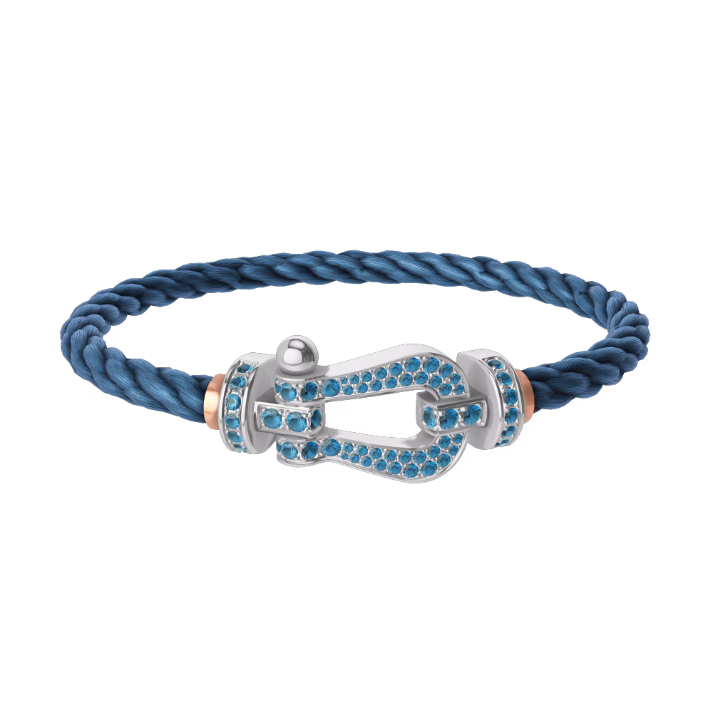 FRED FORCE 10 BRACELET LARGE MODEL Stainless steel and gold plating WHITE GOLD BLUE TOPAZ PAVED