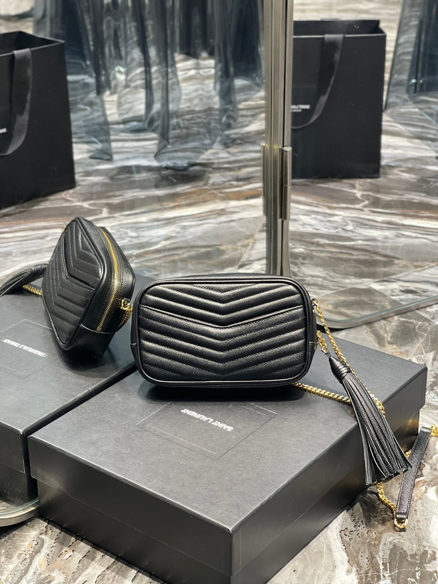 YSL Lou Mini Bag In Quilted  Grain  De Poudre Embossed Leather