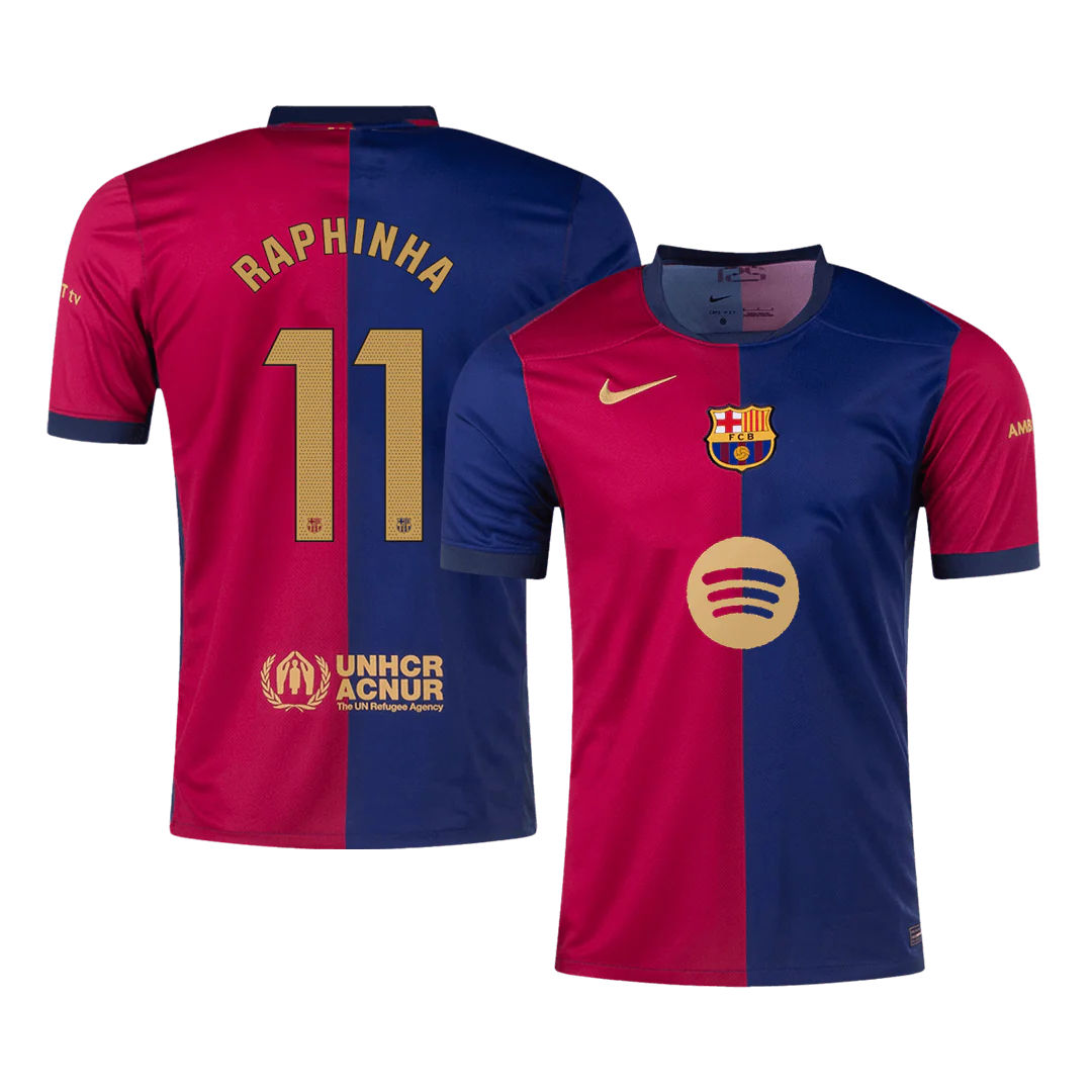 RAPHINHA #11 Barcelona Home Soccer Jersey 2024/25 - Spotify Logo Without Text