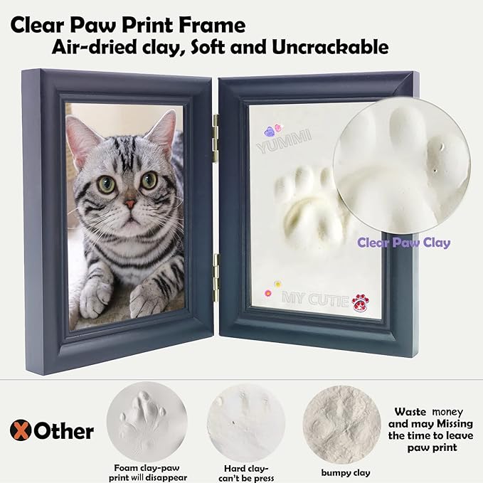 Dog & Cat Paw Print Kit with Trinkets, Pet Paw Print Impression Kit with 2 Clay, Wooden Picture Frame, Personalized Keepsake Gift for Pet Lovers – Black