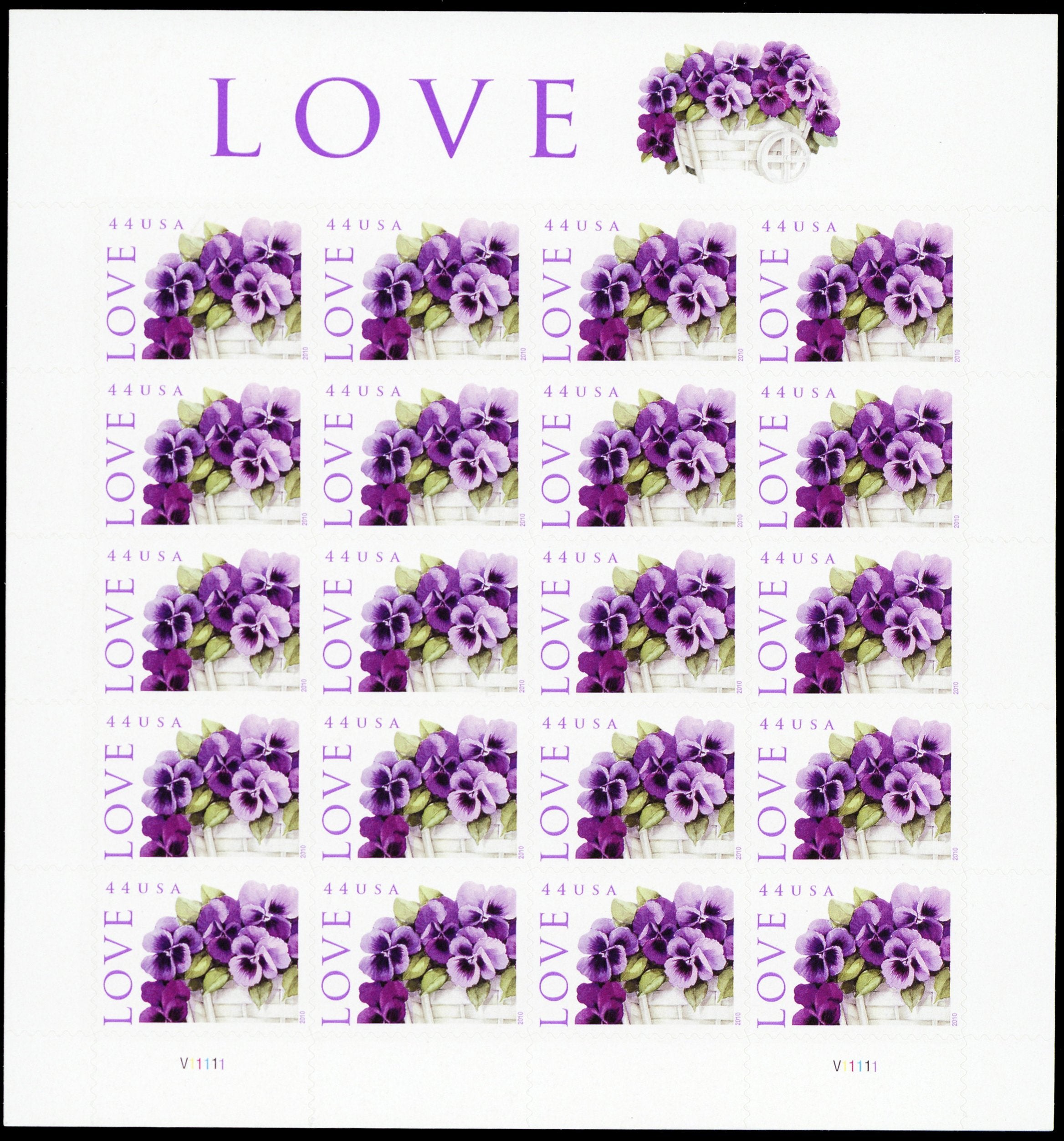 2010 LOVE Pansies in a Basket Collectible Stamp Sheet of Twenty 44 Cent Stamps