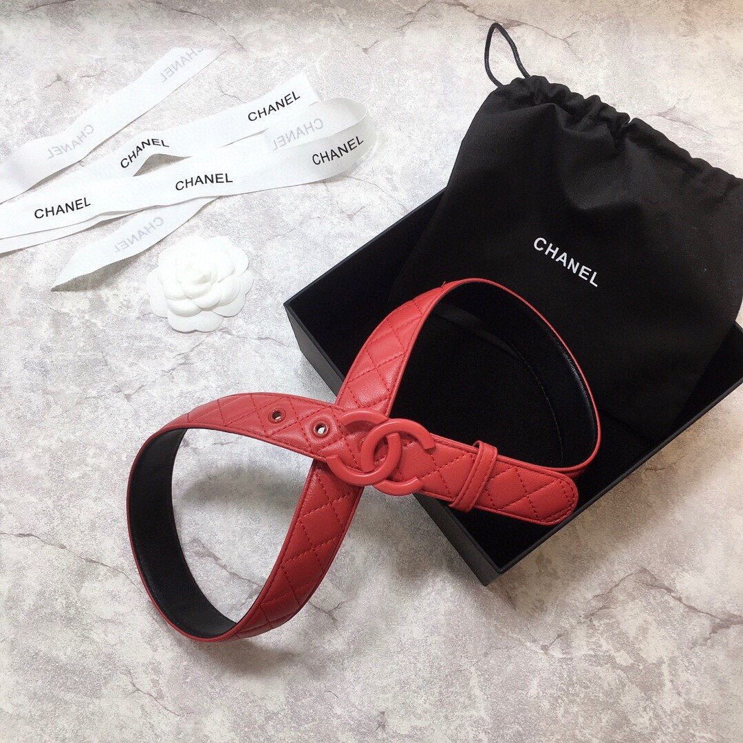 Chanel Belt Quilted With Double C Buckle Red With Red Hardware Women Belt 30MM - KAIROO