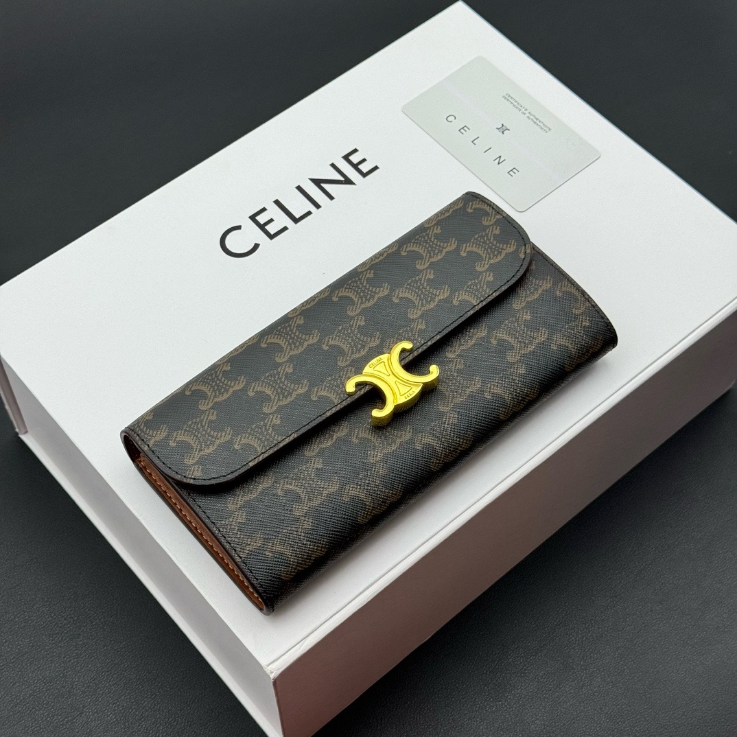 CELINE Large Triomphe Wallet with Metal Snap Closure in Shiny Calfskin - KAIROO