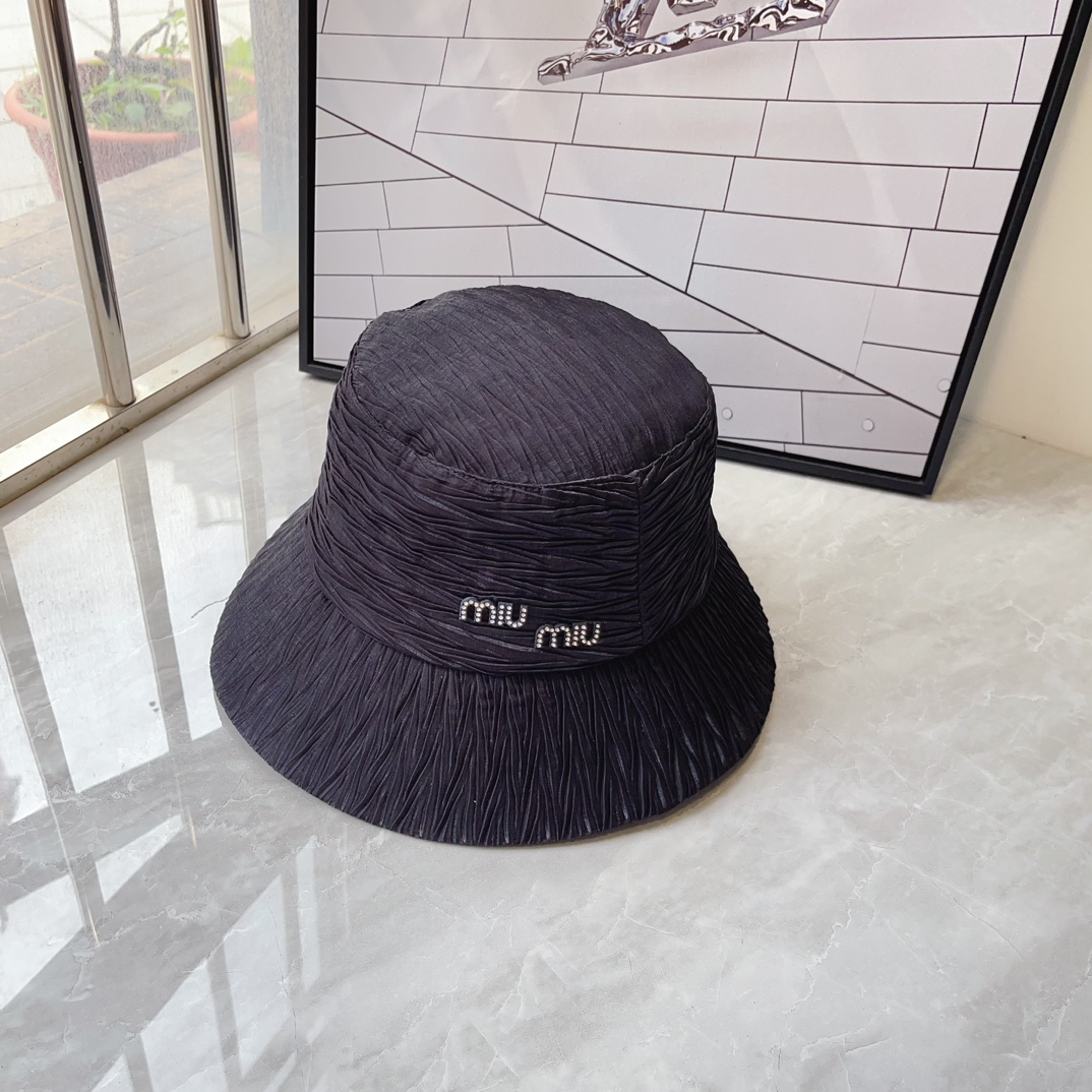 Miu Miu Crystal Logo Ruched Textured Wide Brim Bucket Hat - KAIROO