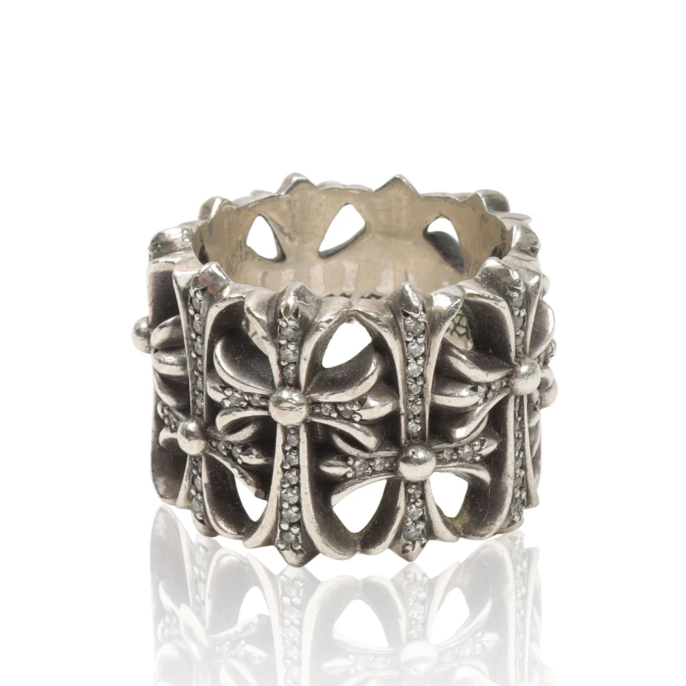 Chrome Hearts Silver Diamond Paved Cemetery Wide Cutout Cross Ring - KAIROO