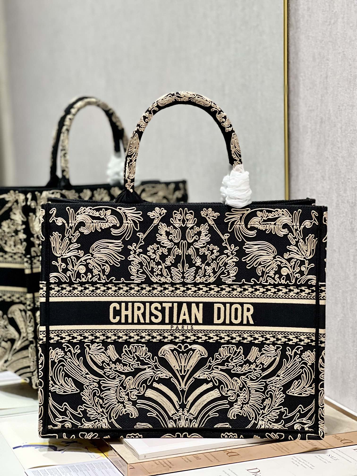Dior Book Tote Black and White Scroll Work Heavy Embroidery Large Tote/ Top Version - KAIROO