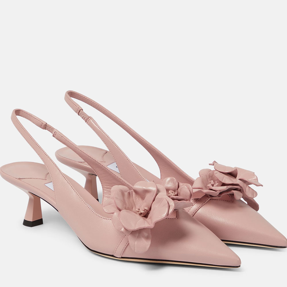 Jimmy Choo Amel 50 Black Leather Slingback Pumps with 3D Floral Embellishments - KAIROO