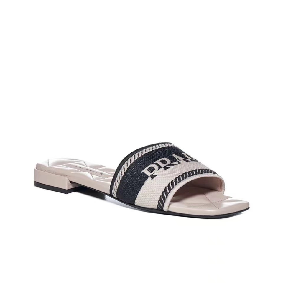 Prada Logo Embroidered Canvas-Lth Quilt-Stitched Slide Sandal - KAIROO
