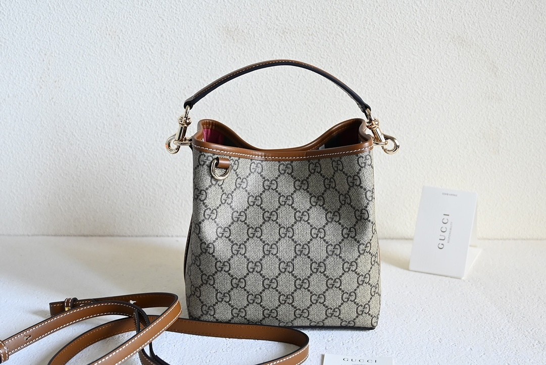 Gucci Emblem GG Monogram Leather Trim Bucket Shoulder Bag - KAIROO