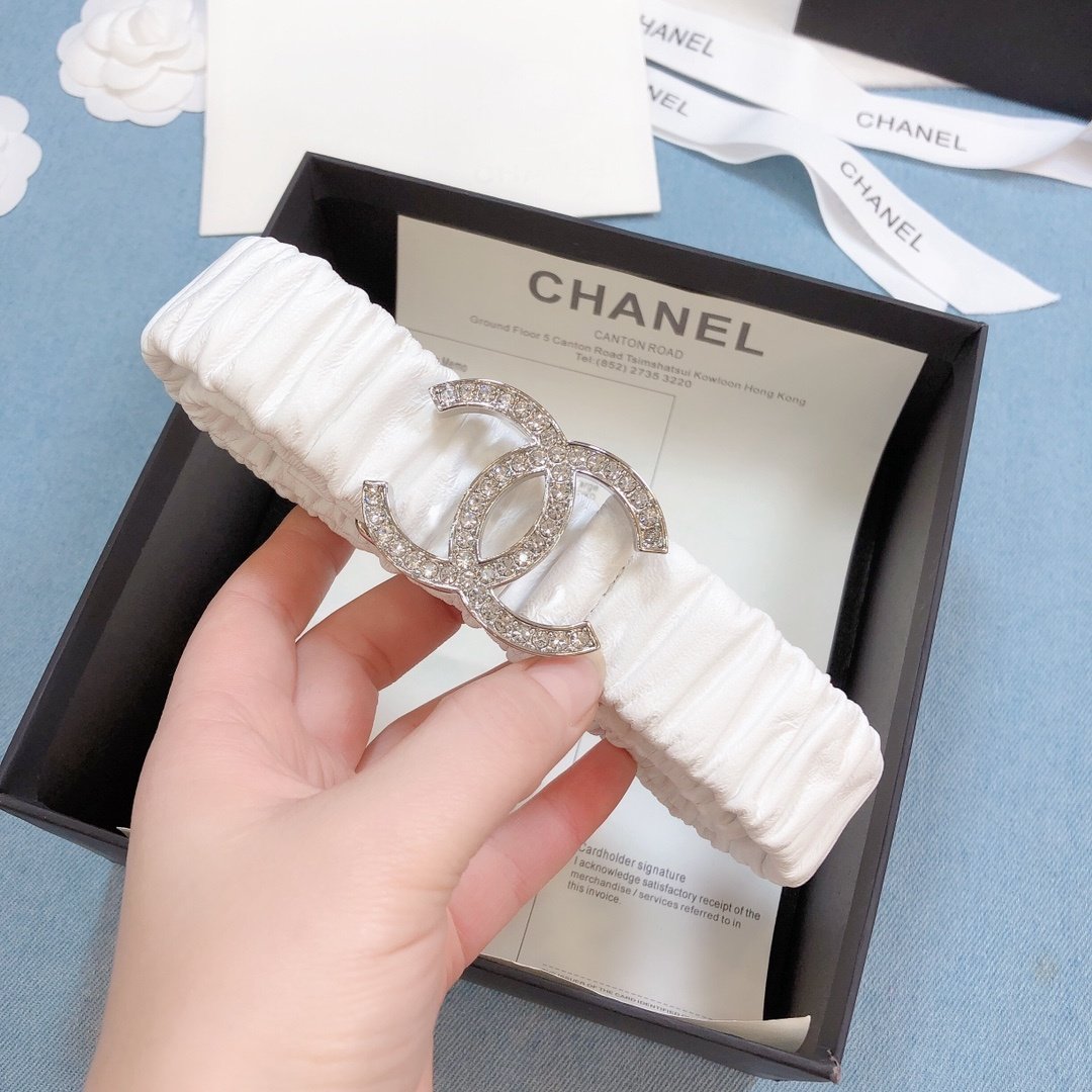 Chanel Belt Double C Buckle White Silver-Toned Hardware and Strass Women Belt 30MM - KAIROO