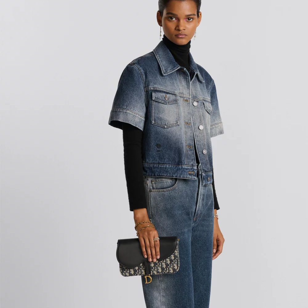 Dior Saddle Oblique Jacquard Leather Patchwork Gold D Charm Saddle Chain Crossbody Bag - KAIROO